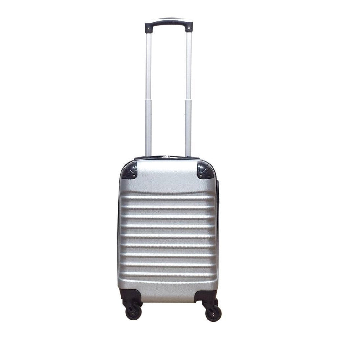 Compact opbergen van de zilveren 2-delige hardshell kofferset. Trolley reiskoffers passen in elkaar voor ruimtebesparing.