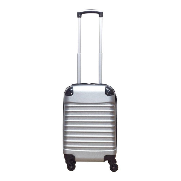 Compact opbergen van de zilveren 2-delige hardshell kofferset. Trolley reiskoffers passen in elkaar voor ruimtebesparing.
