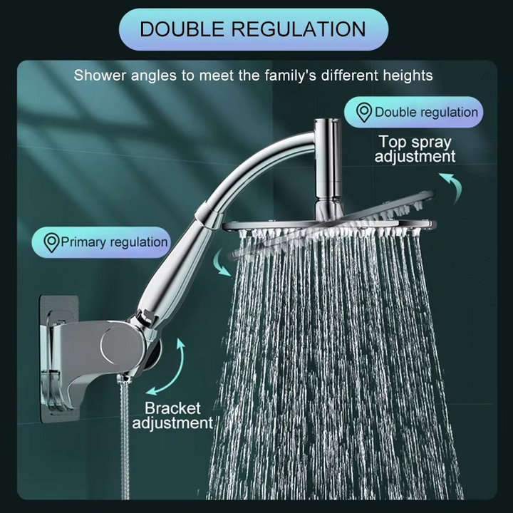 "Zilveren AquaFlow regendouchekop, waterbesparend met regenachtige straal, duurzaam roestvrij staal, diameter 20 cm."