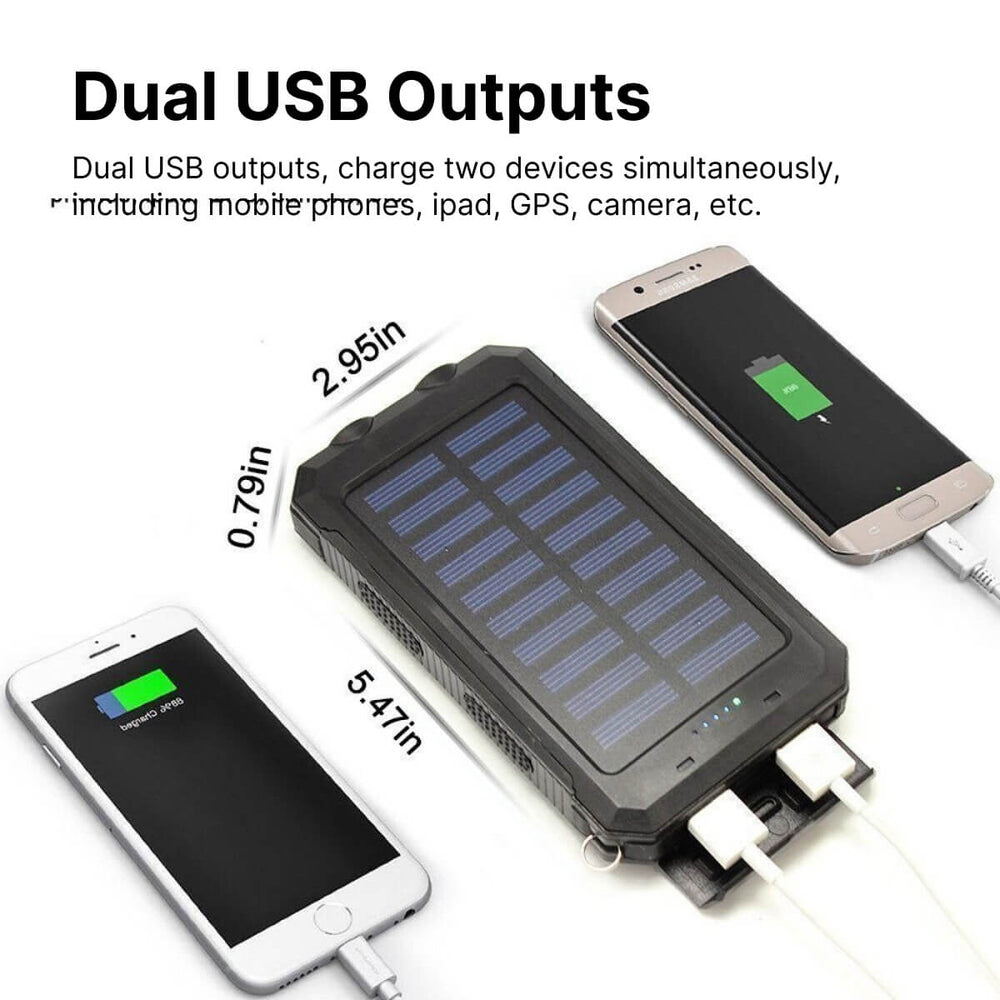 Robuuste waterdichte powerbank met zonnepaneel, perfect voor kamperen, wandelen en reizen.