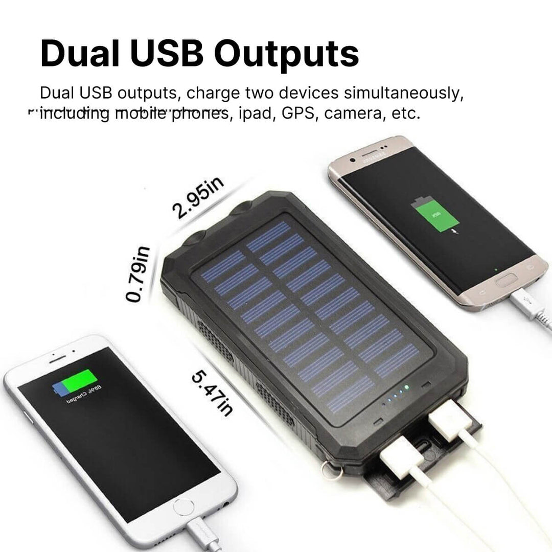 Robuuste waterdichte powerbank met zonnepaneel, perfect voor kamperen, wandelen en reizen.