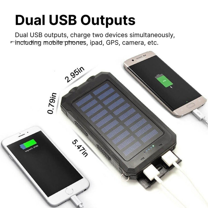 Robuuste waterdichte powerbank met zonnepaneel, perfect voor kamperen, wandelen en reizen.