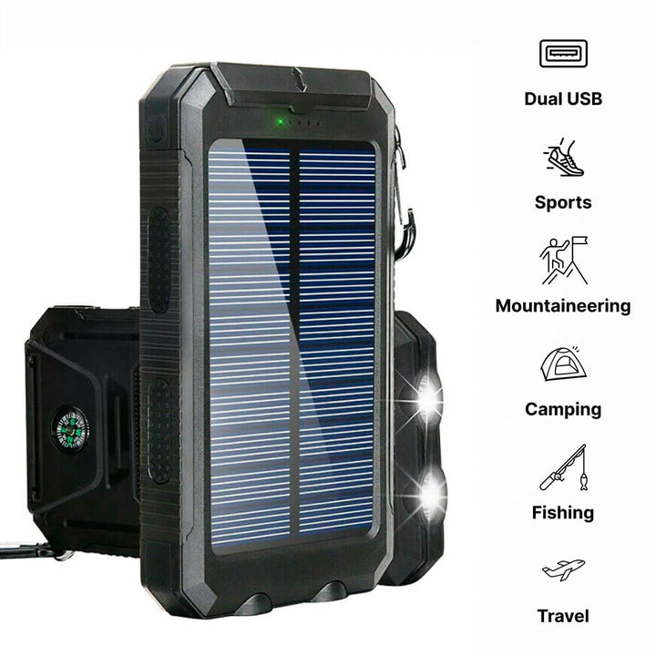 Draagbare externe batterij 20000 mAh laadt telefoons op met zonnekracht, inclusief zaklamp.