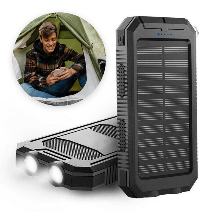 High-res foto van de 20000 mAh zonne-oplader powerbank met actieve zonnepanelen.