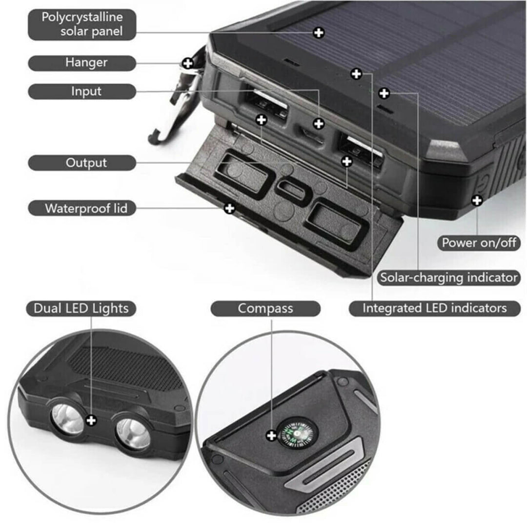 De zonne-oplader powerbank 20000 mAh met ingebouwde LED-zaklamp, handig in het donker.