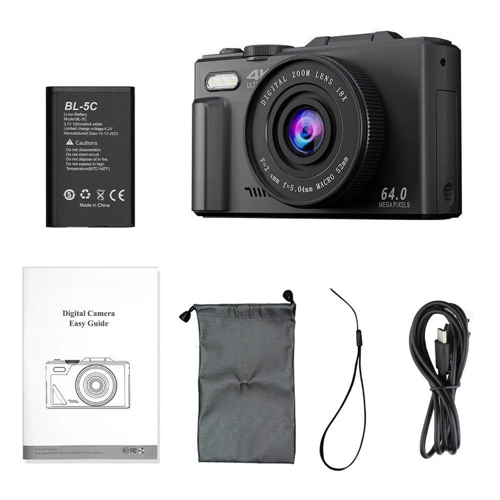 "ZoomPro 4K Vlog Camera met 18x zoom, 180° flip screen, WiFi; compact zwart design voor veelzijdige contentcreatie."