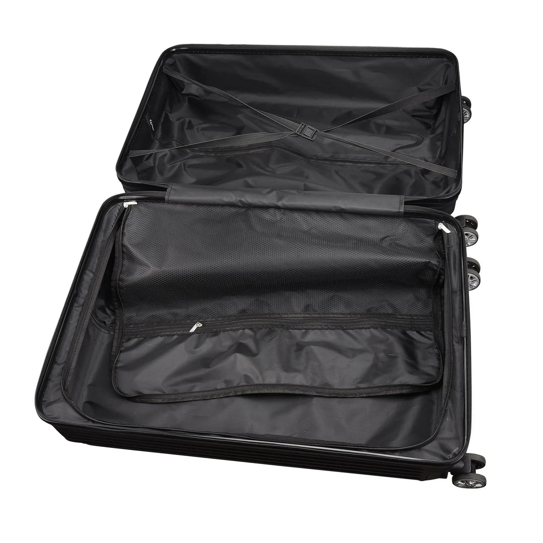 Drie zwarte Zurich Explorer hardshell reiskoffers, compleet met TSA-slot en dubbele spinnerwielen, klaar voor elke reis.