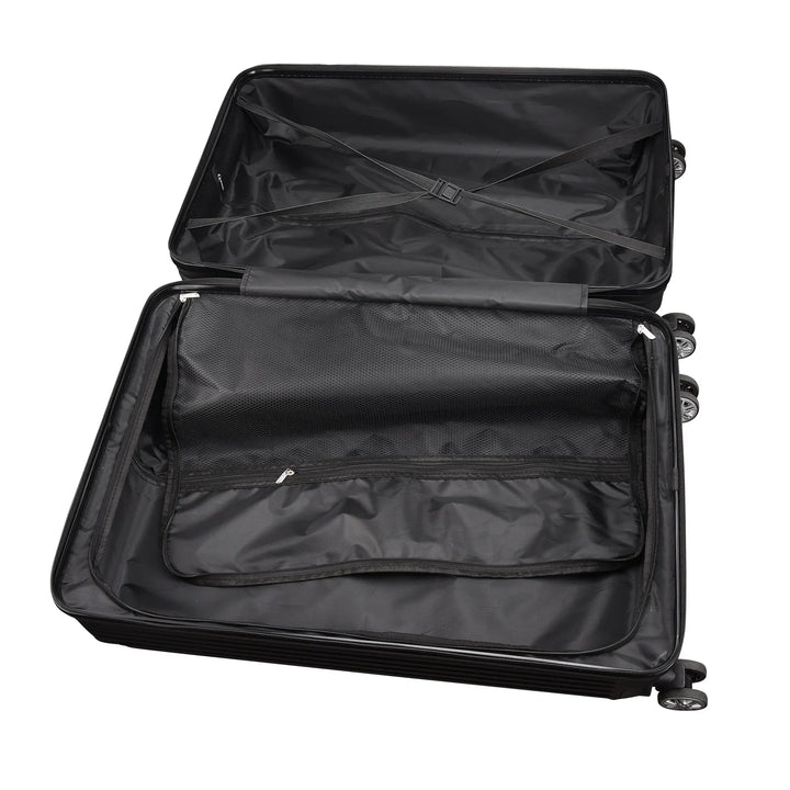 Drie zwarte Zurich Explorer hardshell reiskoffers, compleet met TSA-slot en dubbele spinnerwielen, klaar voor elke reis.