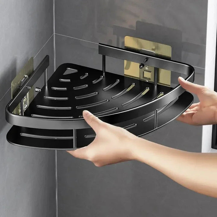 Zwart aluminium hoekrek voor badkamer, ideaal voor douche, geen boren nodig. Ruimtebesparende opberger.