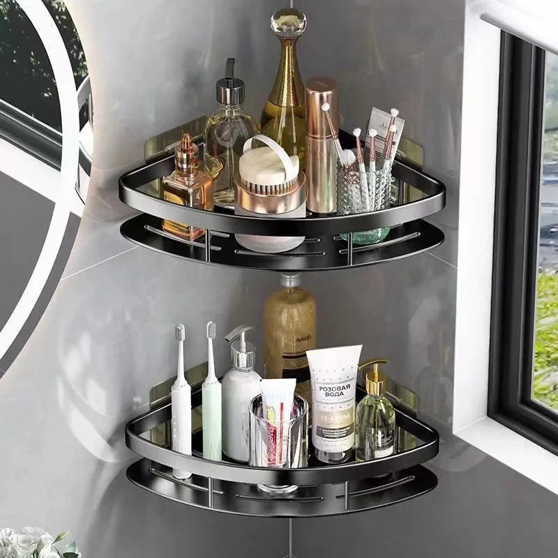 Stijlvol zilver aluminium doucherek voor hoekmontage zonder boren. Perfecte badkamer opberger en accessoire.