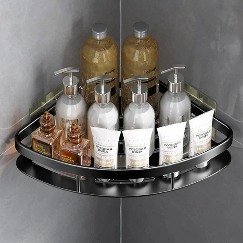 Handig badkamer wandrek van aluminium, hoekmodel, in zwart/zilver. Praktische opberger voor douche accessoires.