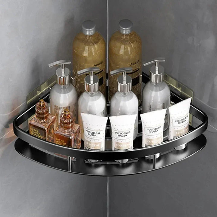 Handig badkamer wandrek van aluminium, hoekmodel, in zwart/zilver. Praktische opberger voor douche accessoires.