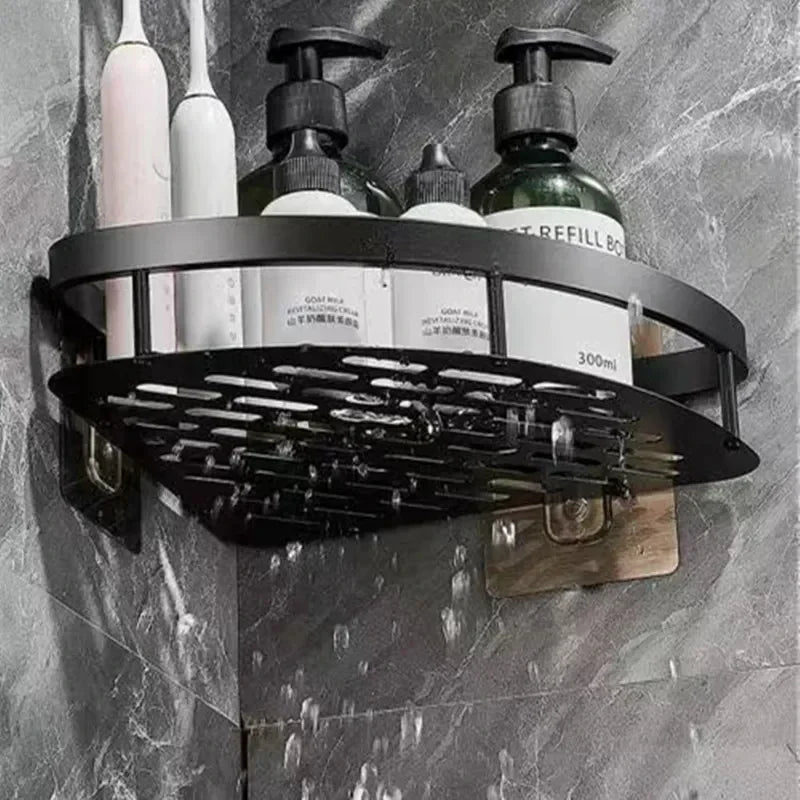Modern zwart hoekrek aluminium voor badkamer. Optimaliseert ruimte, handig als doucherek en opberger.