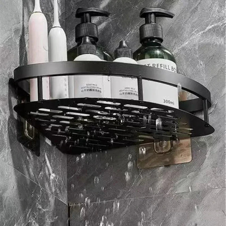 Modern zwart hoekrek aluminium voor badkamer. Optimaliseert ruimte, handig als doucherek en opberger.