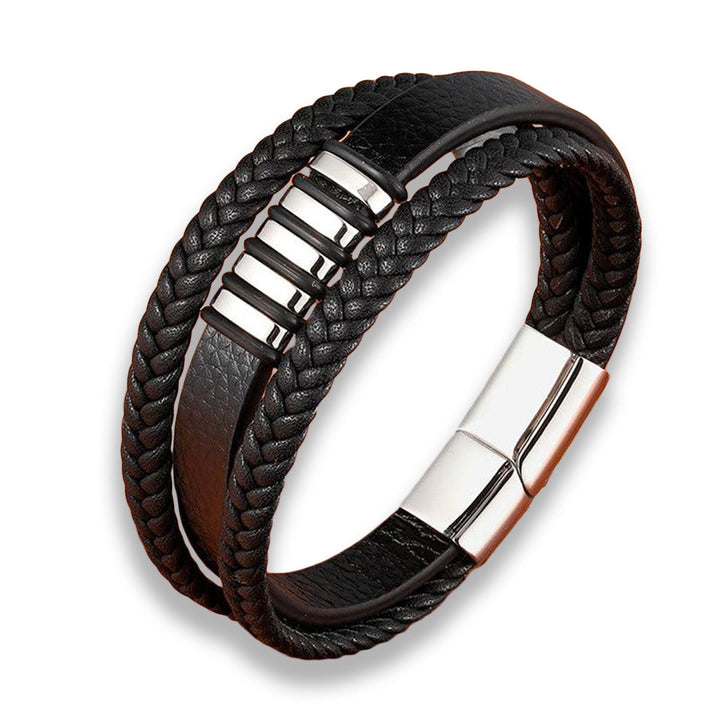 "Zwart-gouden lederen herenarmband, tijdloos ontwerp, dubbele banden, mannen accessoire, elegant en stijlvol."