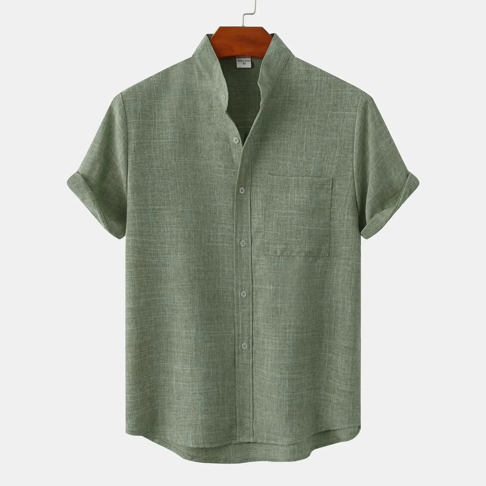 Groen heren zomer shirt, korte mouw, regular fit met opstaande kraag. Modieus en ideaal voor warme dagen.