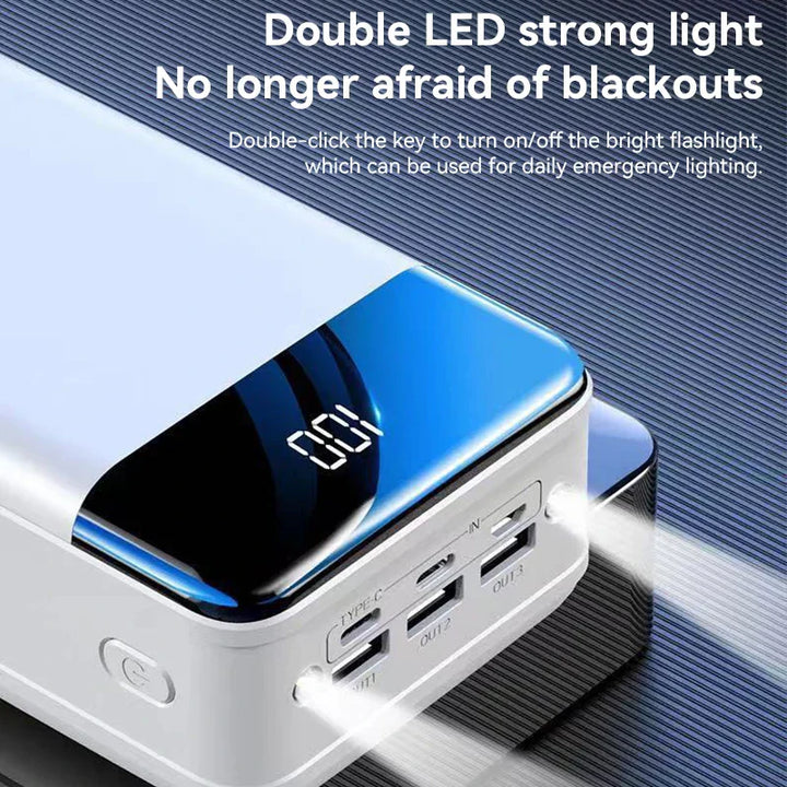 "Zwarte 100.000mAh power bank voor snel opladen van telefoons, tablets en laptops, compacte draagbare technologie."