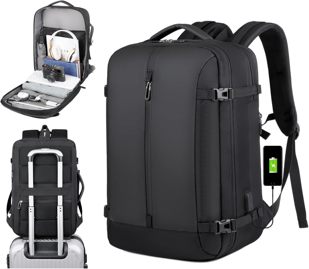 Zwarte 40L AirVoyage reisrugzak, uitbreidbaar, waterdicht, met laptopvak en USB-poort.