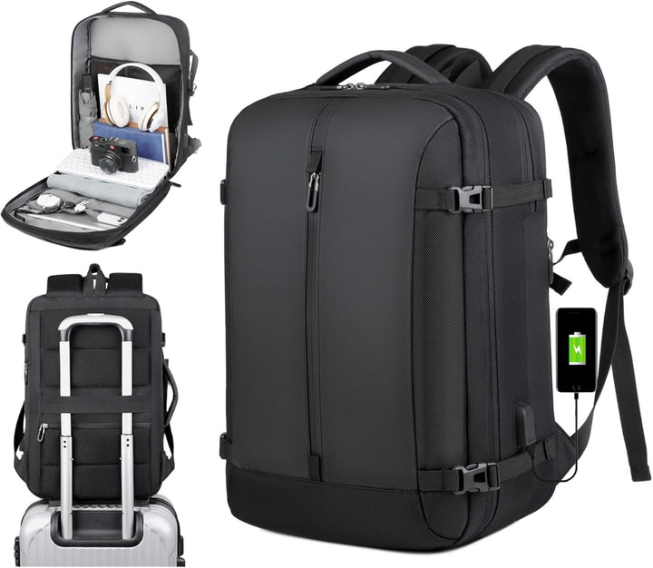 Zwarte 40L AirVoyage reisrugzak, uitbreidbaar, waterdicht, met laptopvak en USB-poort.