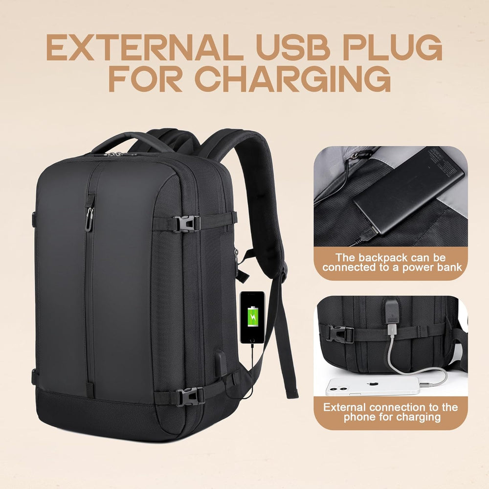 Unisex waterdichte reisrugzak 40L met USB-poort en anti-diefstal functies, ideaal voor reizen.