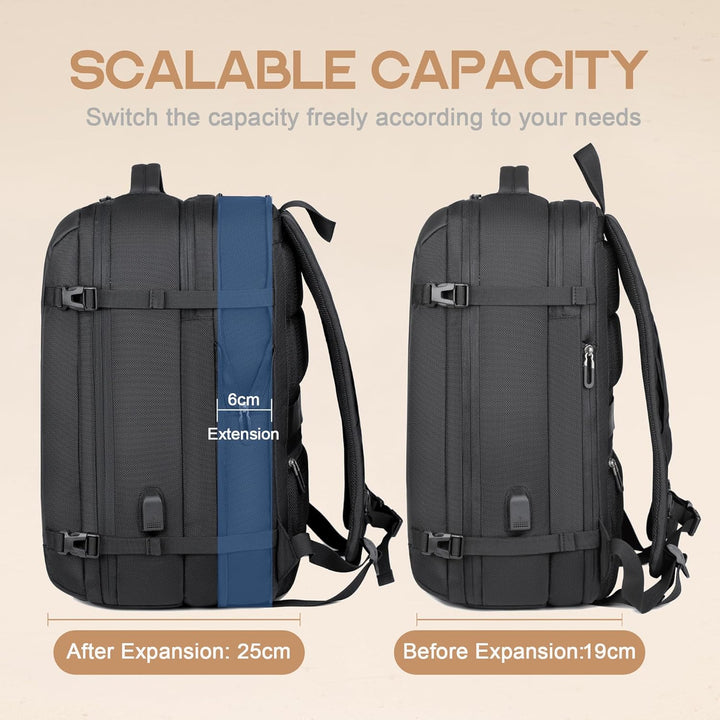 Uitbreidbare AirVoyage rugzak (40L) als handbagage, perfect voor korte reizen, met laptopvak.