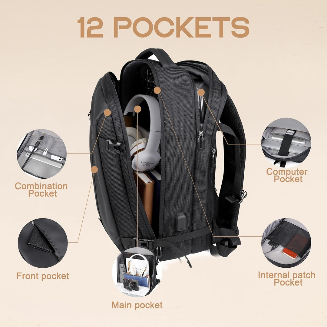 Zakelijke/schooltas: 40L uitbreidbare rugzak met 17" laptopvak en USB-oplaadpoort, unisex.
