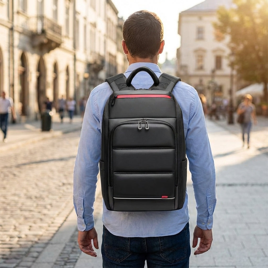 Zwarte anti-diefstal laptoprugzak SecureVoy, waterdicht en veilig voor forenzen, met verborgen ritsen.