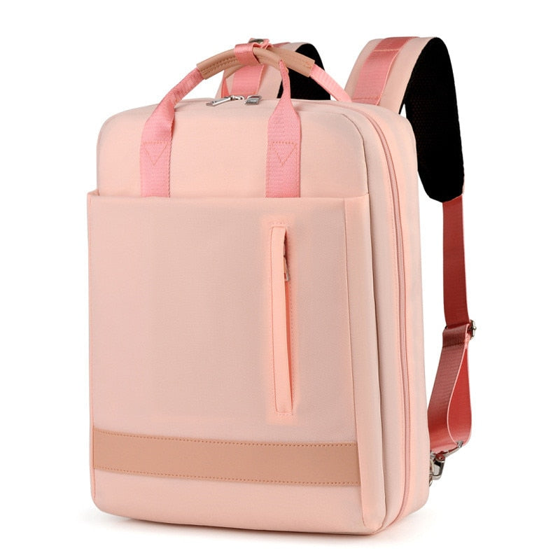 Beschikbare anti-diefstal rugzakken in zwart, grijs, roze en beige met veilige USB-oplaadfunctie.