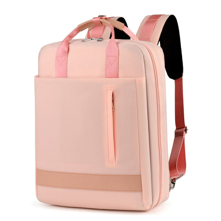 Beschikbare anti-diefstal rugzakken in zwart, grijs, roze en beige met veilige USB-oplaadfunctie.