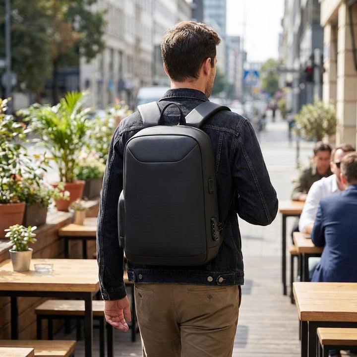 Zwarte antidiefstal zakelijke rugzak voor laptops met verborgen ritsen en veilige opbergvakken.