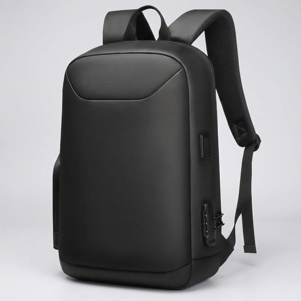 Ruime zwarte zakelijke rugzak met USB-oplaadpoort, laptopvak en slimme organisatie voor reizen.