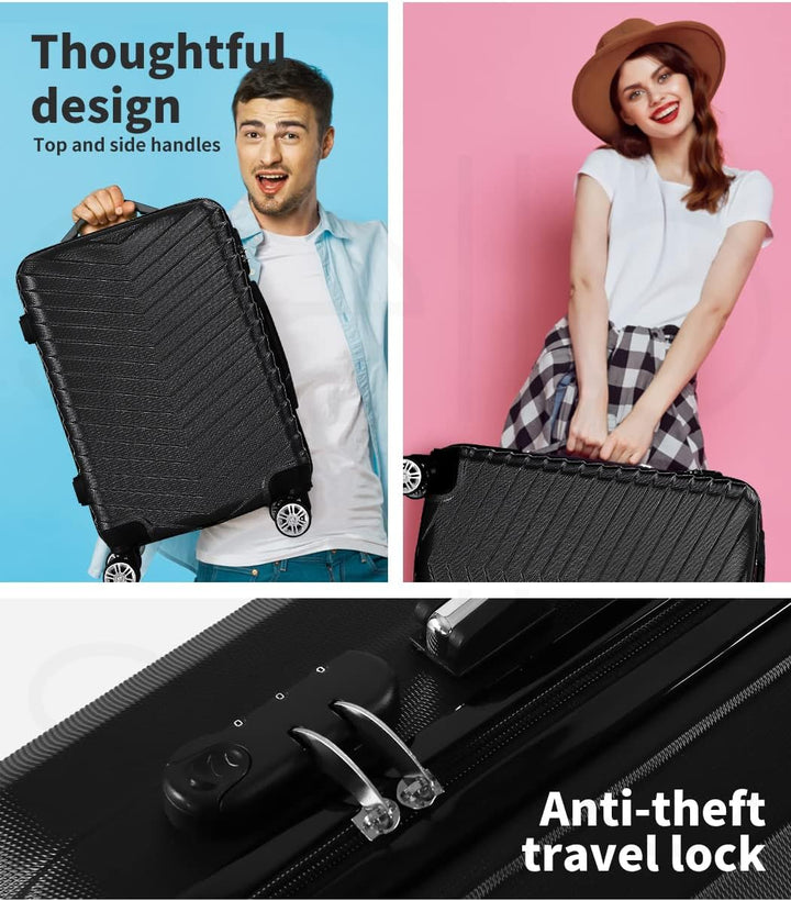 Functionele zwarte handbagage koffer met uitschuifbare trekstang en stevige harde schaal. Perfect voor reizen.