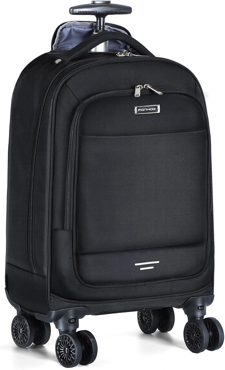 Zwarte compacte laptop trolley 30L met 4 zwenkwielen, ideaal voor zakelijke reizen en handbagage.