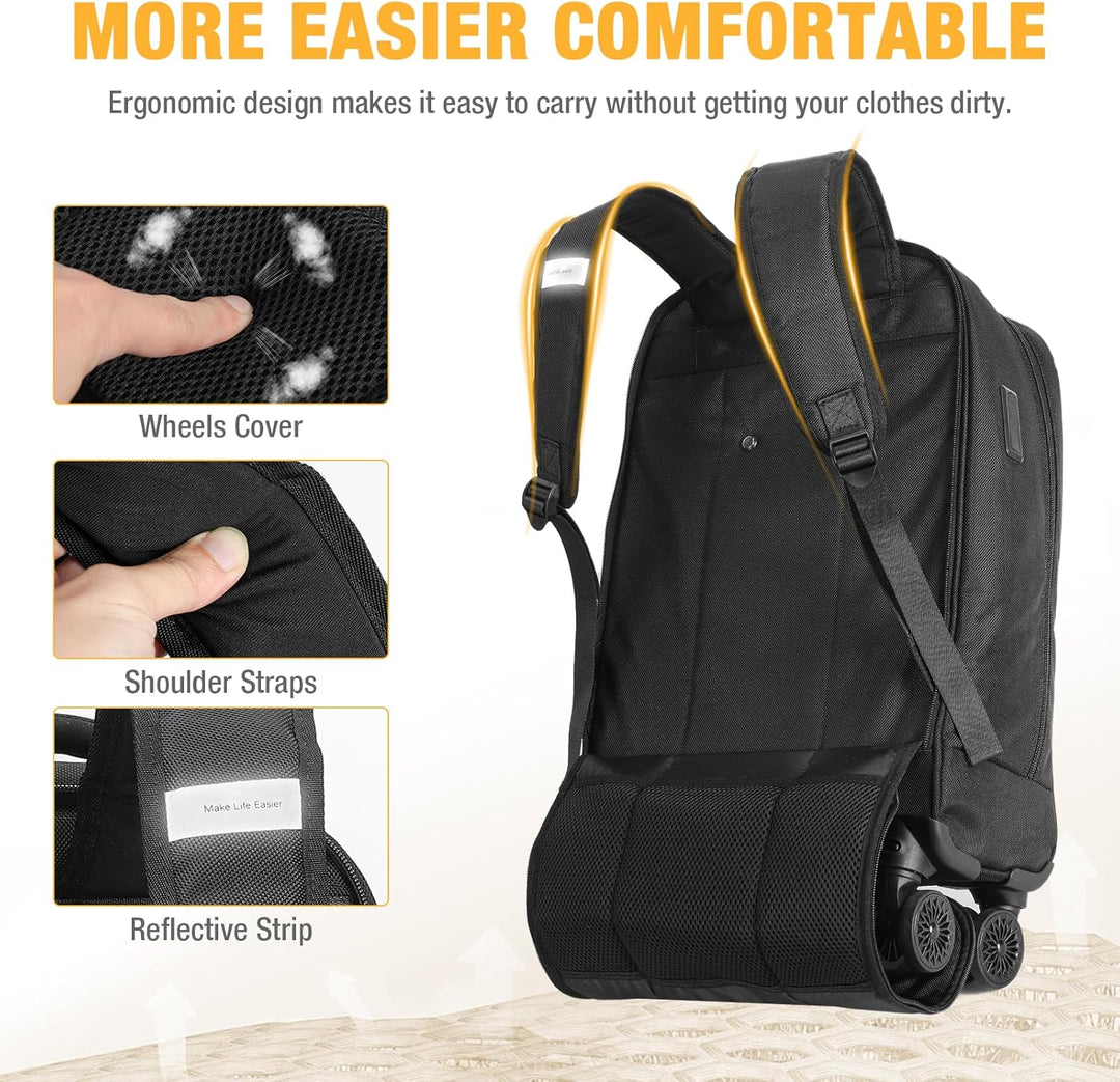 Flexibele 30L laptop trolley rugzak, waterafstotend met spinnerwielen voor comfortabele reizen en dagelijks gebruik.