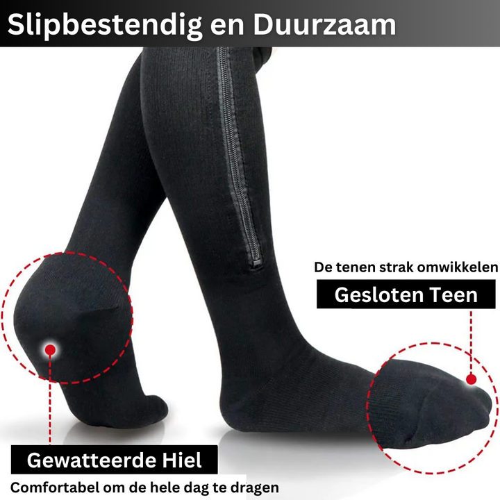 Orthopedische compressiekousen met rits voor herstel na inspanning en ondersteuning bij langdurig staan of reizen.