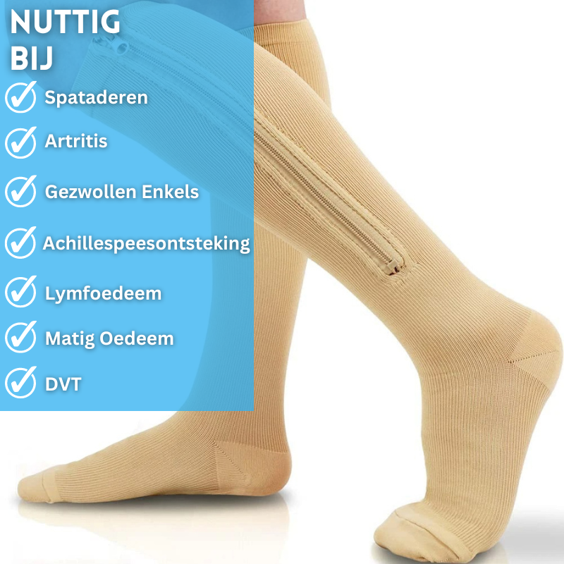 Zwarte en beige compressiekousen met rits voor comfort, beenondersteuning en verbeterde bloedcirculatie.