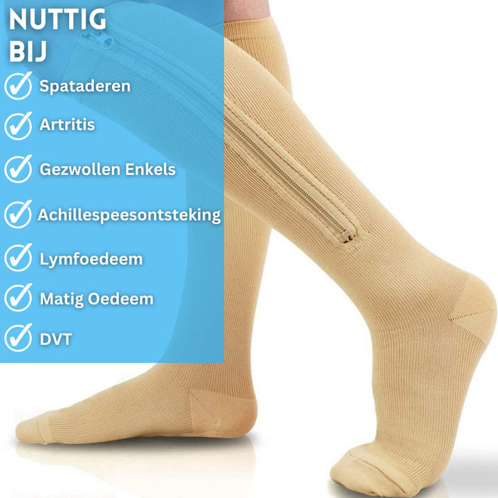 Zwarte en beige compressiekousen met rits voor comfort, beenondersteuning en verbeterde bloedcirculatie.