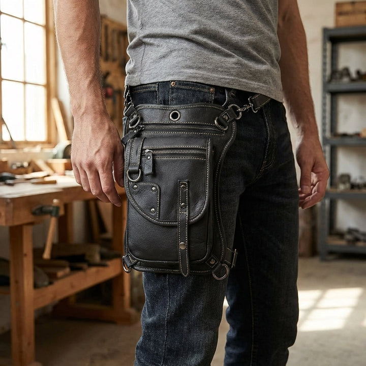 Zwarte CrossGrip heuptas, unisex en verstelbaar, perfect voor motorrijden of wandelen.