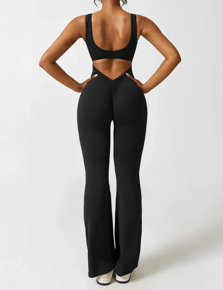 Zwarte dames flared shaping jumpsuit met elegante V-rug.
