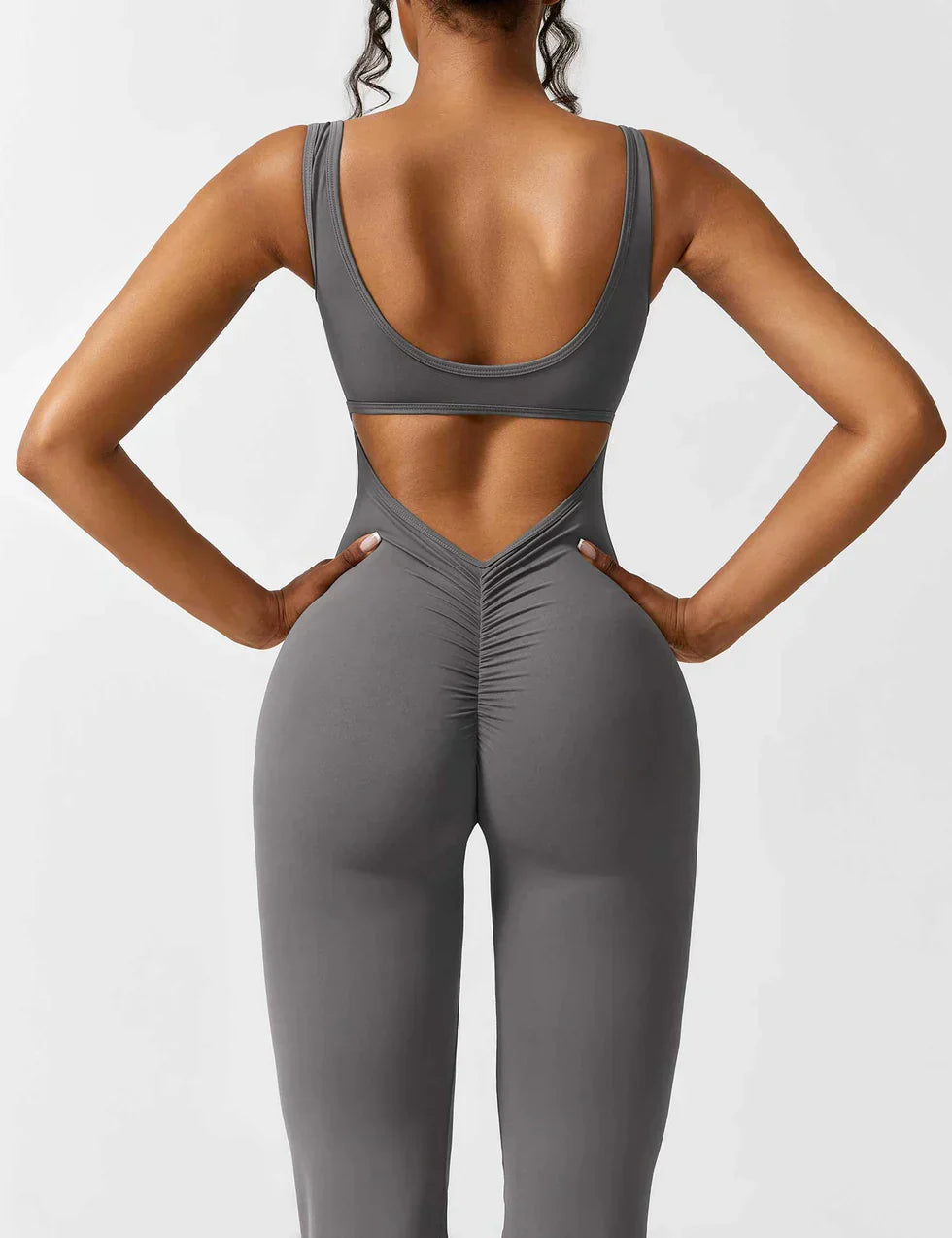 Koffiekleurige shaping jumpsuit, flared, dames, met stijlvolle V-rug.