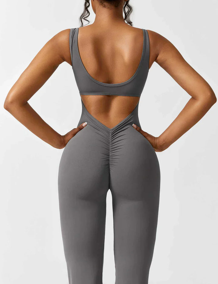 Koffiekleurige shaping jumpsuit, flared, dames, met stijlvolle V-rug.