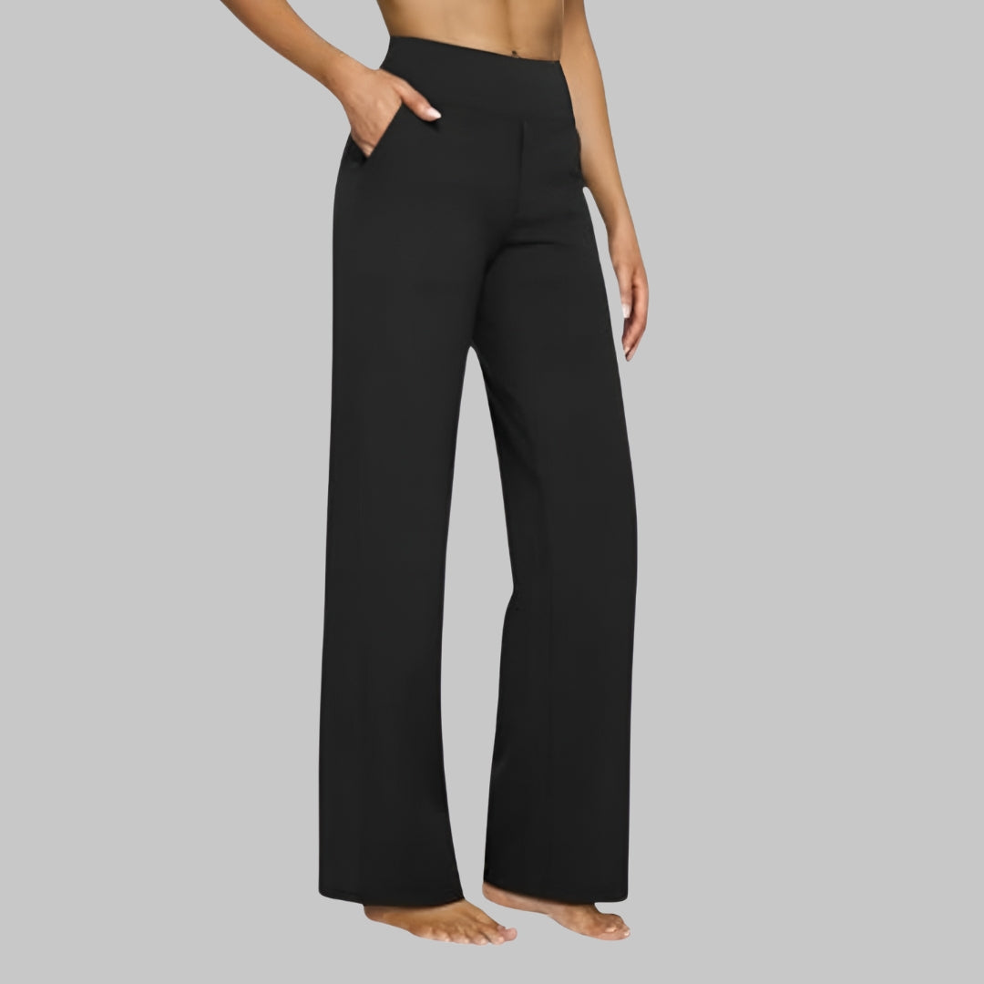 Elegante damesbroek in zwart, met hoge taille en wijde pijpen, comfortabele en modieuze pasvorm.