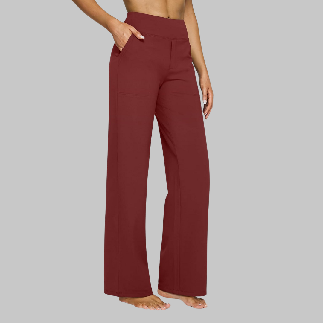 Focus op hoge taille en wijde pijpen van deze comfortabele damesbroek; details voor een chique look.