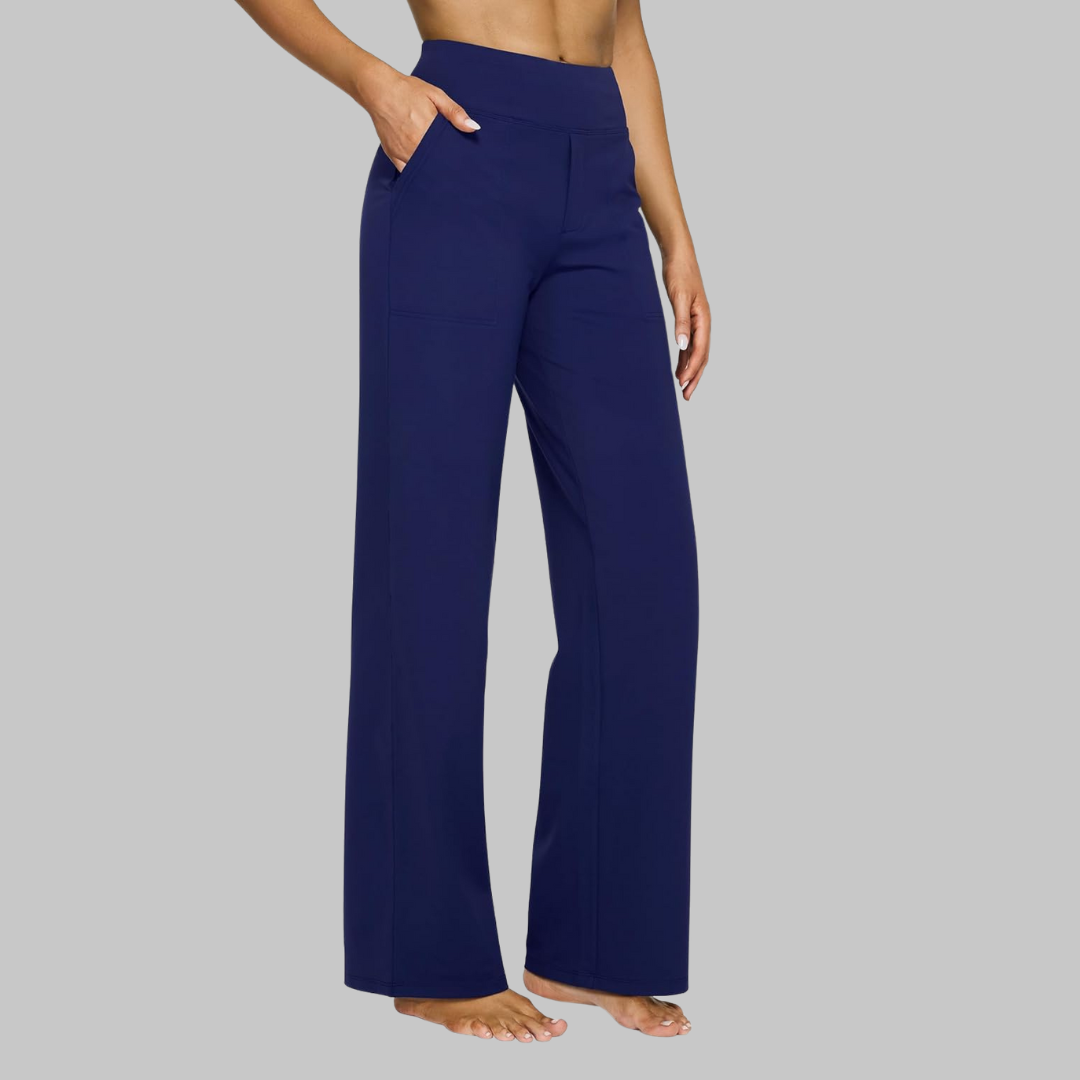 Zachte, kreukvrije stof voor deze damesbroek met hoge taille en wijde pijpen; ultiem draagcomfort.