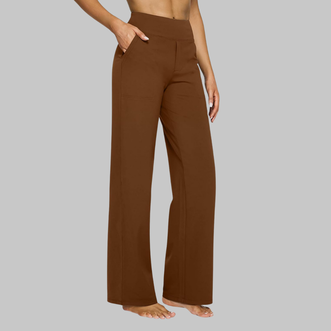 Flatterend silhouet van damesbroek met hoge taille en wijde pijpen voor een moderne, stijlvolle look.