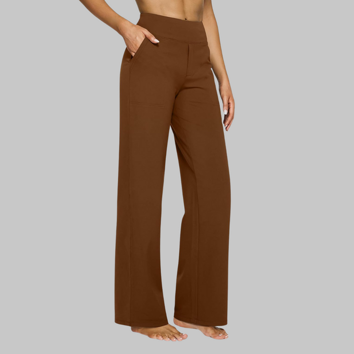 Flatterend silhouet van damesbroek met hoge taille en wijde pijpen voor een moderne, stijlvolle look.