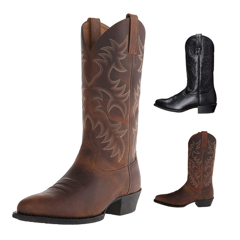 Heren cowboylaarzen in zwarte tinten met spitse neuzen en sierlijke stiksels voor een authentieke western uitstraling.