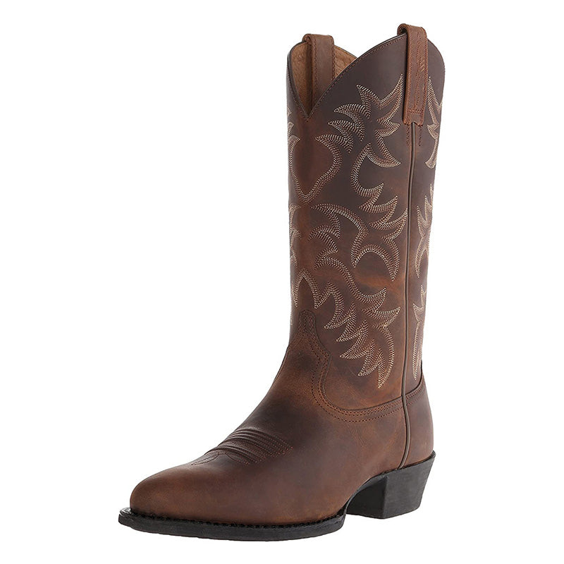Overzicht van de zijkant van heren cowboylaarzen, die de halflange schacht benadrukken.