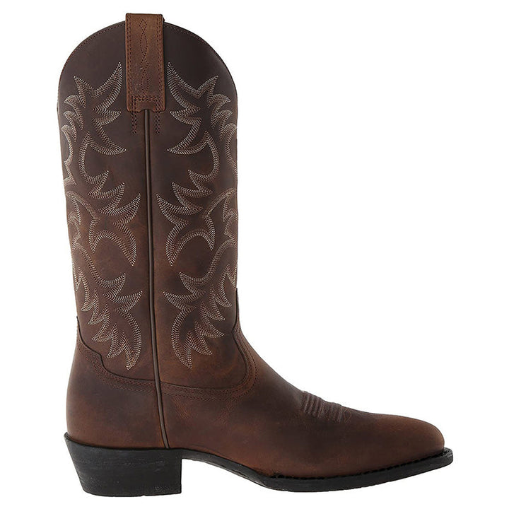 Gedetailleerde opname van de hak en zool van heren cowboylaarzen.