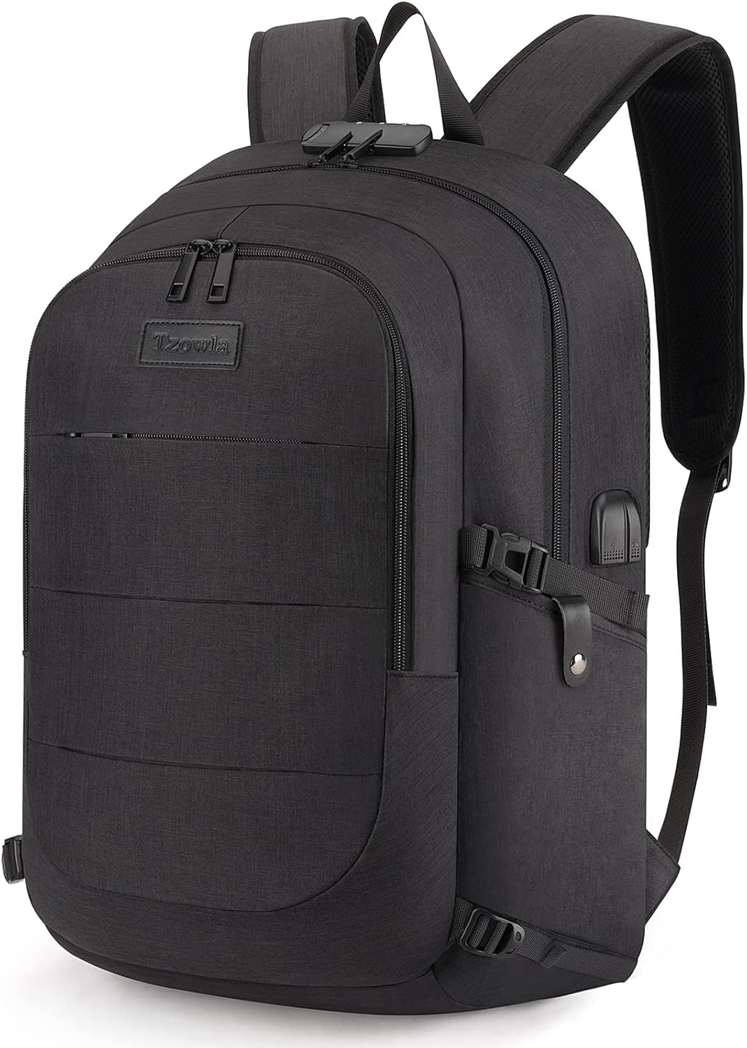 Zwarte extra grote anti-diefstal laptoprugzak (30-50L) met USB-poort voor studenten.